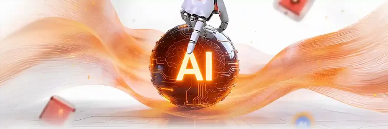 بانر رئيسي يصور ذراعاً آلية تلمس كرة رقمية مضيئة بداخلها رسم لدماغ ونص 'AI'، مما يمثل خدمات الذكاء الاصطناعي والأتمتة لتعزيز كفاءة الأعمال في شركة مزايا للحلول المتكاملة.