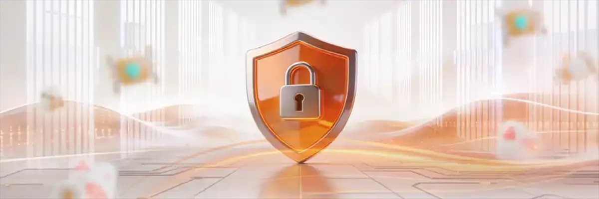 بانر رئيسي يوضح درع حماية برتقالي مع قفل مغلق داخل بيئة تقنية متطورة، يمثل حلول البنية التحتية والأمن السيبراني لشركة مزايا للحلول المتكاملة.