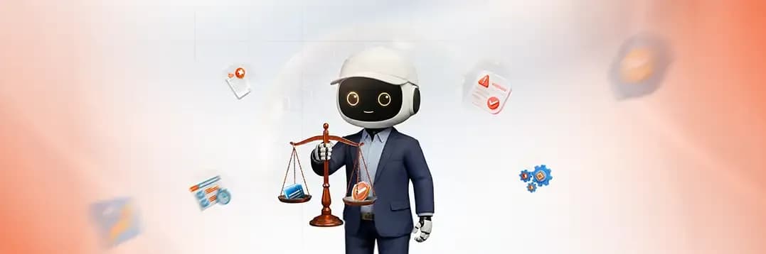 بانر توضيحي لحماية الأعمال وتقليل المخاطر وضمان الامتثال مع شخصية روبوت يرتدي بدلة رسمية وقبعة بيضاء ويحمل ميزان العدالة