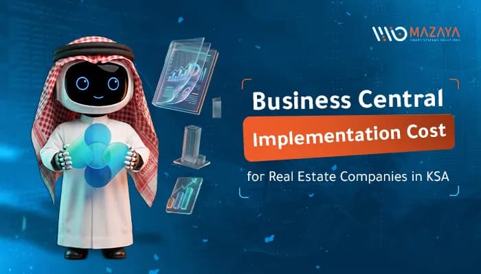 Advertising banner of Mazaya Robot in Saudi attire holding the Microsoft Dynamics 365 BC logo.