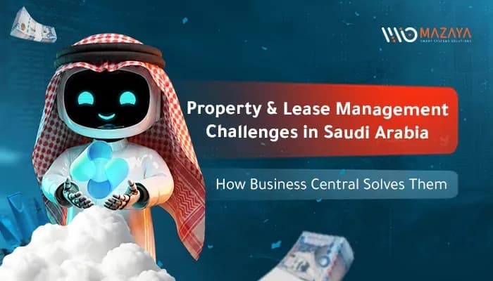 AI robot in Saudi Shemagh presenting Business Central solutions for property and rental management challenges in Saudi Arabia by Mazaya.