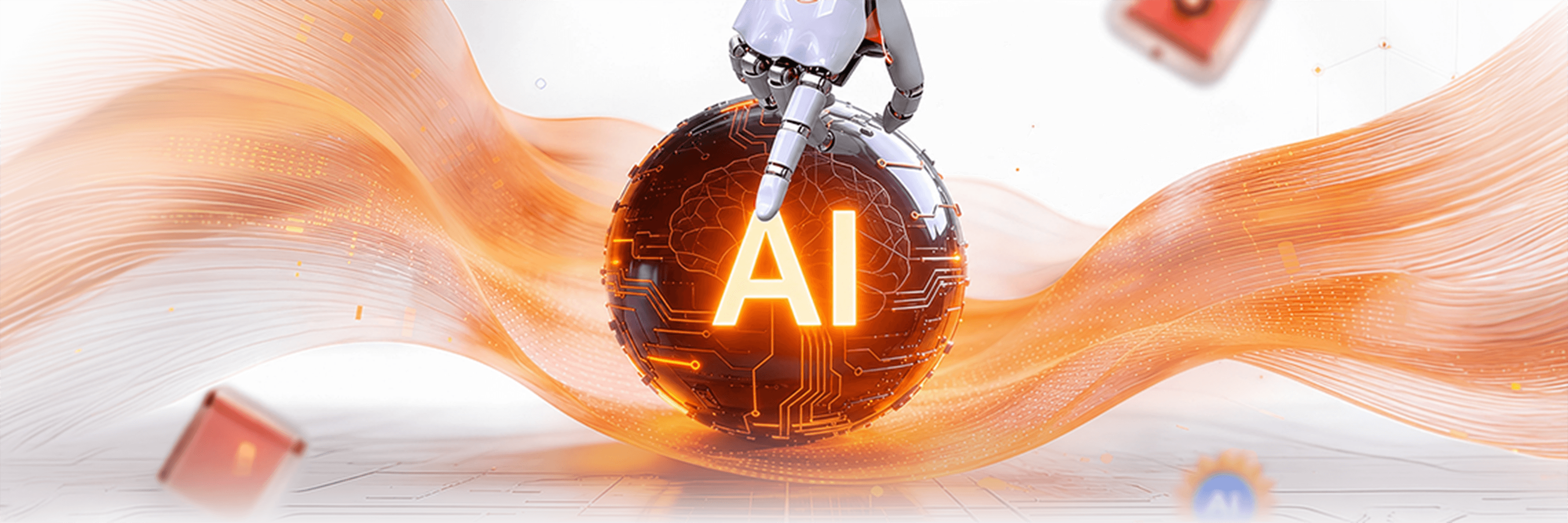 Main banner depicting a robotic arm touching a glowing digital orb containing a brain graphic and 'AI' text, representing AI and Robotic Process Automation services for enhancing business efficiency at Mazaya Integrated Solutions.